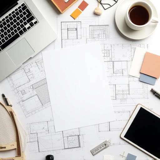 Plano de diseño de interiores sobre una mesa de trabajo.